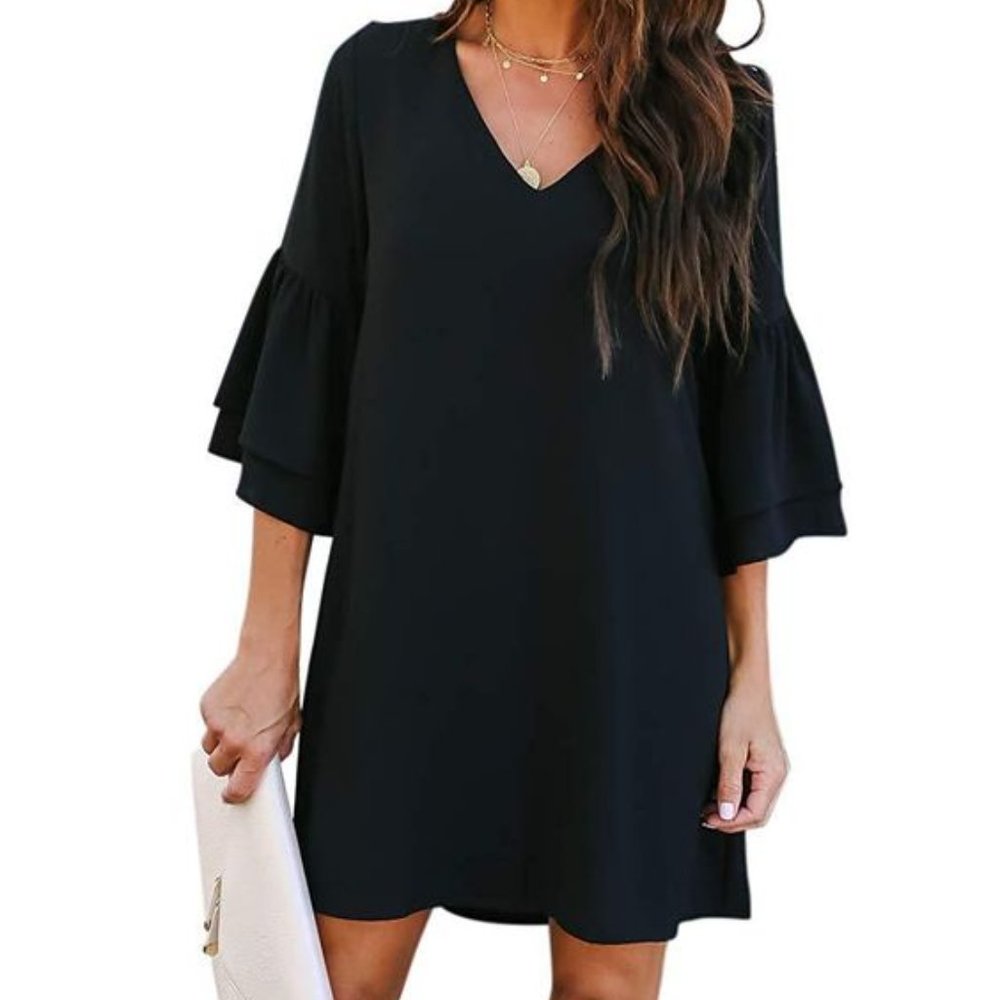 BELONGSCI Black V-Neck Bell Sleeve Shift Mini Dress - size M NWT